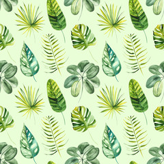 Illustration seamless pattern drawn by watercolor exotic tropical green leaves on background.