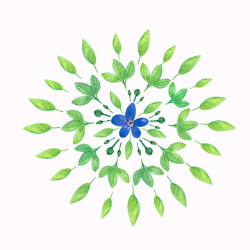 watercolor mandala with green leaves and blue flower on white background