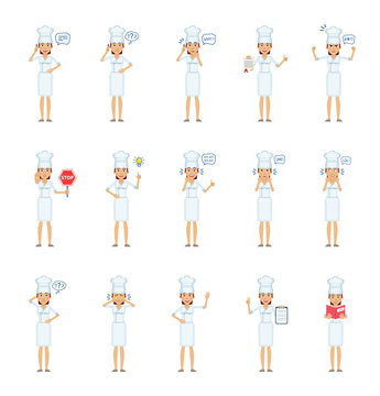 Big set of female cook characters showing different actions, gestures, emotions. Cheerful chef talking on phone, holding stop sign, document, book and doing other actions. Simple vector illustration