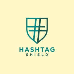 Hashtag shield logo design vector, showing shield icon with hashtag icon, for college, education, academy, group, etc