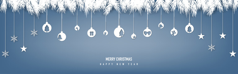 Merry Christmas decoration with paper cut hanging blue xmas background