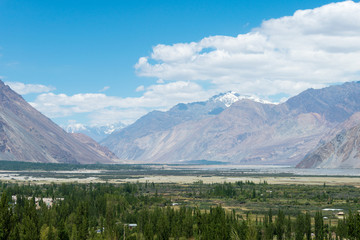 Ladakh, India - Jul 23 2019 - Beautiful scenic view from Diskit monastery in Ladakh, Jammu and Kashmir, India.