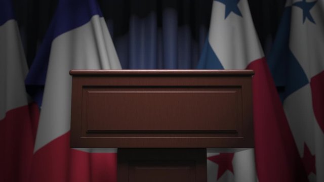 Row of flags of Panama and France and and speaker tribune, conceptual 3D animation