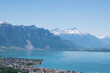 Fototapeta na wymiar Alps Mountains and Vevey town near Geneva Lake