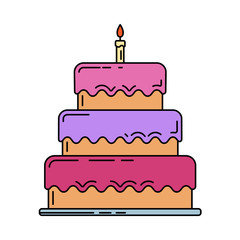 Line birthday cake, pie with candle icon. Happy birthday. Party celebration, holidays event, carnival party element icon. Vector color design. Illustration vintage object. Congratulation symbols.