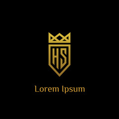 luxury initial H S monogram with shield and crown in gold logo vector design. jewelry, hotel, boutique, fashion industry, business company symbol icon