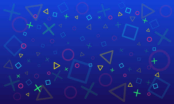 Vector abstract background. Gradient of shades of blue. On the artboard there are circles, squares, trogolniki, crosses. Laid out as a gamepad, the colors of the elements are blue, yellow, green, red.