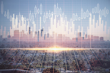 Forex chart on cityscape with skyscrapers wallpaper multi exposure. Financial research concept.
