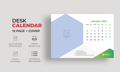 Desk Calendar Template | 2020 Desk Calendar Design with Green Color