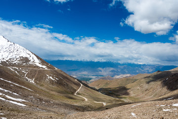 Ladakh, India - Jul 22 2019 - Beautiful scenic view from Between Leh and Nubra Valley in Ladakh, Jammu and Kashmir, India.