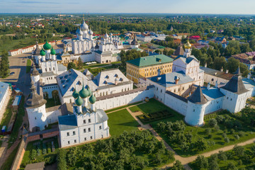 Fototapeta na wymiar Over the old Rostov Veliky Kremlin on a sunny July morning (aerial photography). Golden ring of Russia