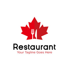Restaurant logo design vector template illustration with red Canada maple leaf and fork and knife on negative space concept