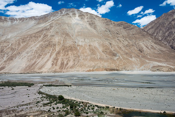 Ladakh, India - Jul 22 2019 - Beautiful scenic view from Nubra Valley in Ladakh, Jammu and Kashmir, India.