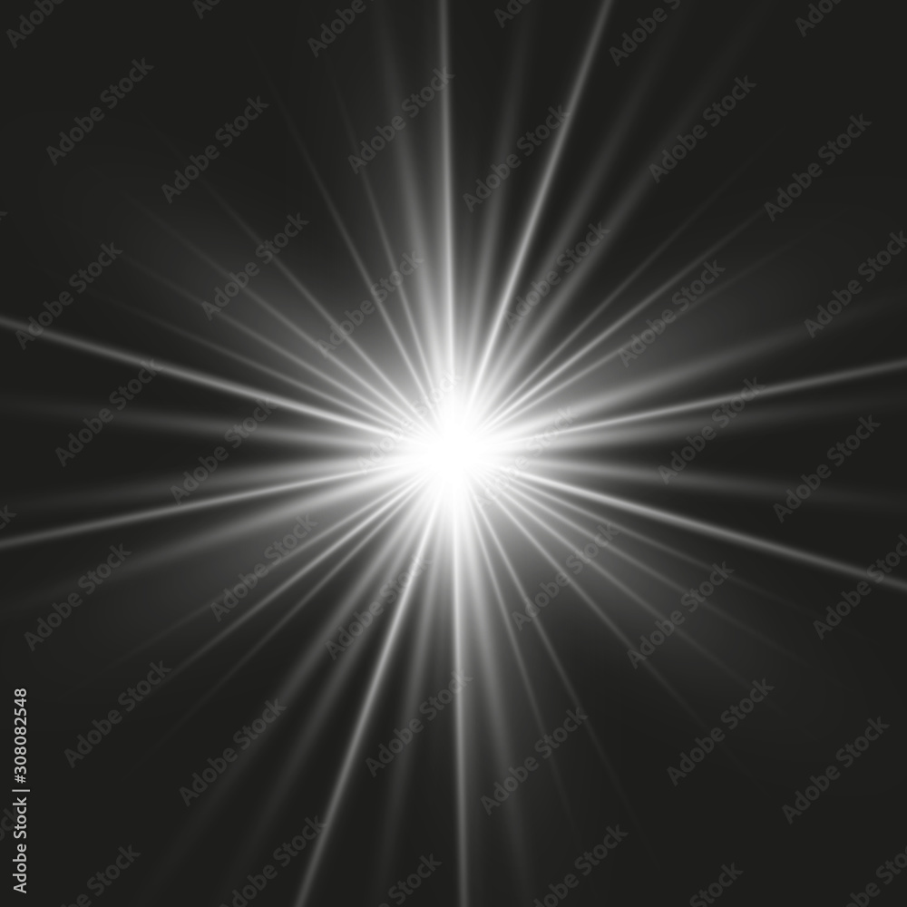 Poster white beautiful light explodes in a transparent explosion. vector, bright illustration for the perfe