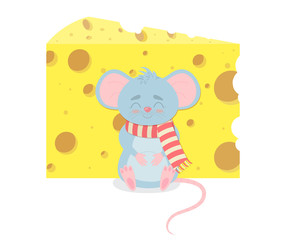 Happy, satisfied, nourishing little mouse is resting near bitten piece of cheese. Cute cartoon vector illustration