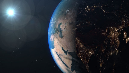 Fototapeta na wymiar World and sun realistic 3D rendering. Shiny sunlight over Planet Earth, cosmos, atmosphere, asia, east. Shot from Space satellite