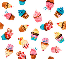 pattern of watercolor cakes, set on white background, texture of cakes