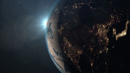 World and sun realistic 3D rendering. Shiny sunlight over Planet Earth, cosmos, atmosphere, asia, east. Shot from Space satellite