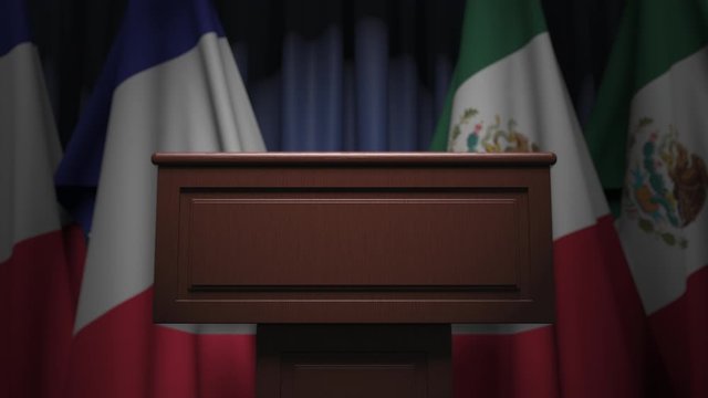 Many flags of Mexico and France behind speaker tribune, 3D animation