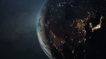 Fototapeta na wymiar World and sun realistic 3D rendering. Shiny sunlight over Planet Earth, cosmos, atmosphere, asia, east. Shot from Space satellite