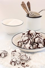 Chocolate cookies with cracks on a white background
