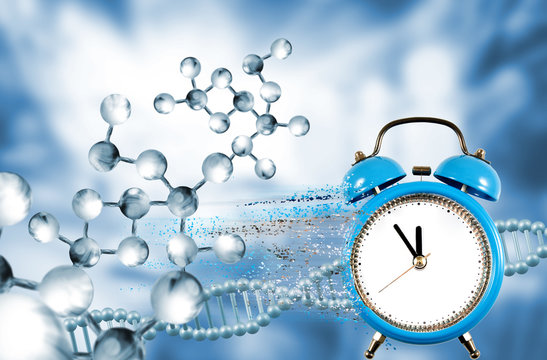 image of dna chain on biotechnological background and a clock with particles decaying on one side