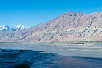 Ladakh, India - Jul 23 2019 - Beautiful scenic view from Nubra Valley in Ladakh, Jammu and Kashmir, India.