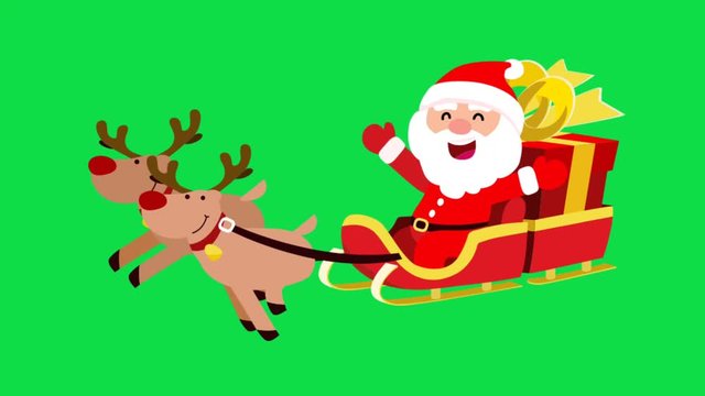 Animation Santa Claus on sleigh with reindeers on green background.