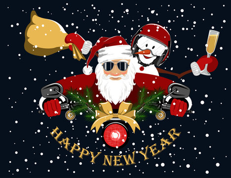 Vector image of Santa Claus and a snowman who ride a motorcycle. Cheerful snowman with a glass of champagne and a bag of gifts. Happy New Year.
