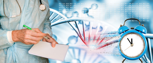 image of dna chain on biotechnological background and a clock with particles decaying on one side. Gene mutation