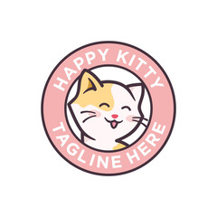 cute happy kitty cartoon character logo design illustration. adorable cat mascot cartoon. smiling cat cartoon label logo. can be used for cat lover, pet shop, pet care