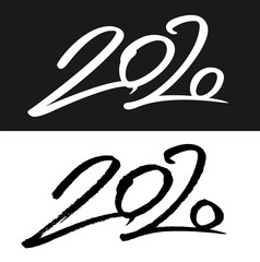 New Year 2020 lettering design. Calligraphy with smooth and hand drawn numbers isolated on black and white backgrounds. Vector illustration.