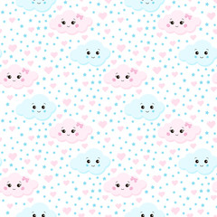 Seamless pattern cute clouds couple boy and girl baby in love with pink hearts, blue stars on white background.