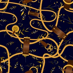 Behang Vintage gouden sieraden van ketting en rustieke touwen, kwasten en riemen met bladeren. © Yuliia