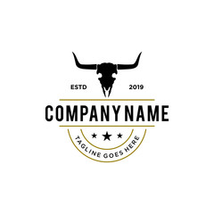 skeleton bull head, bull skull badge emblem label logo design template. vector illustration of bull, cow, buffalo, bison skull