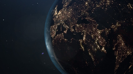 World and sun realistic 3D rendering. Shiny sunlight over Planet Earth, cosmos, atmosphere, Europe, European. Shot from Space satellite