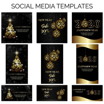 Social media vector templates with Christmas tree and cannabis leafs