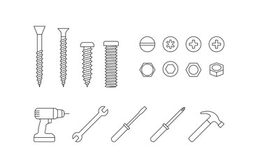 Screws, bolts, nails, repair tools icons set