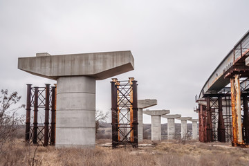 Powerful pylons support bridge spans.