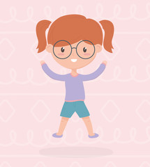 happy childrens day, cute little girl wearing glasses hands up celebration