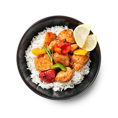 Grilled chicken breast and colorful peppers with fried rice isolated on white background