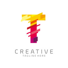 colorful letter T tech logo design vector with pixel/glitch motion concept. multimedia, technology, digital, innovation company symbol icon