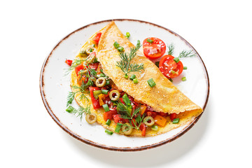 Healthy breakfast food, Stuffed egg omelette with tomato , grilled pepper, green olives and parmesan cheese. isolated on white background