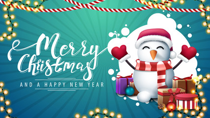 Merry Christmas and happy New Year, green postcard with abstract cloud of circles, garlands and snowman in Santa Claus hat with gifts