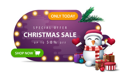 Only today, special offer, Christmas sale, up to 50% off, purple abstract shape discount banner with bulb lights, green button and snowman in Santa Claus hat with gifts isolated on white background