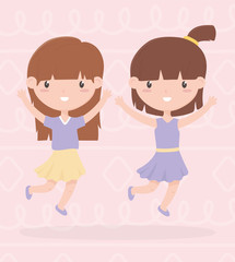 happy childrens day, two little girls with hands up celebrating cartoon