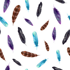 watercolor hand painted colorful feathers seamless pattern on a white background