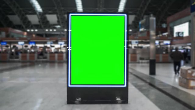 Airport hall billboard mock up with green screen, alpha channel. Business concept, indoor board, empty frame with chroma key. 
