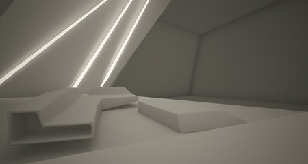 Obraz premium Abstract architectural white interior of a minimalist house with swimming pool and neon lighting. 3D illustration and renderin