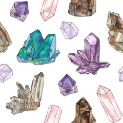 watercolor hand painting gemstones and crystals. seamless pattern on a white background